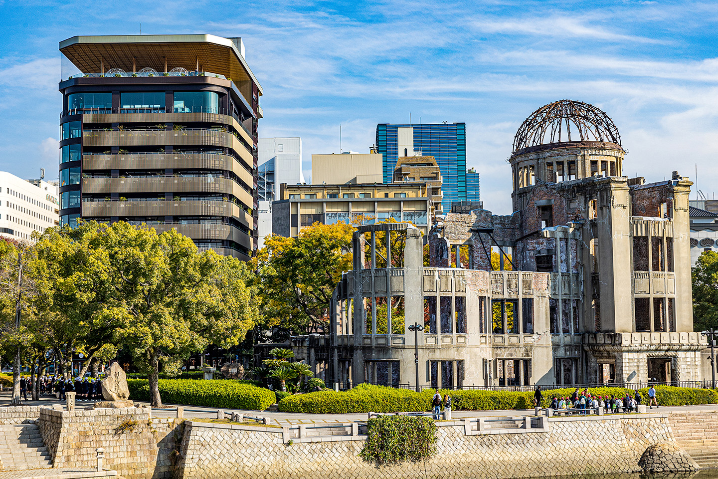Atomic Bomb Dome and Orizuru Tower seen together in Hiroshima
